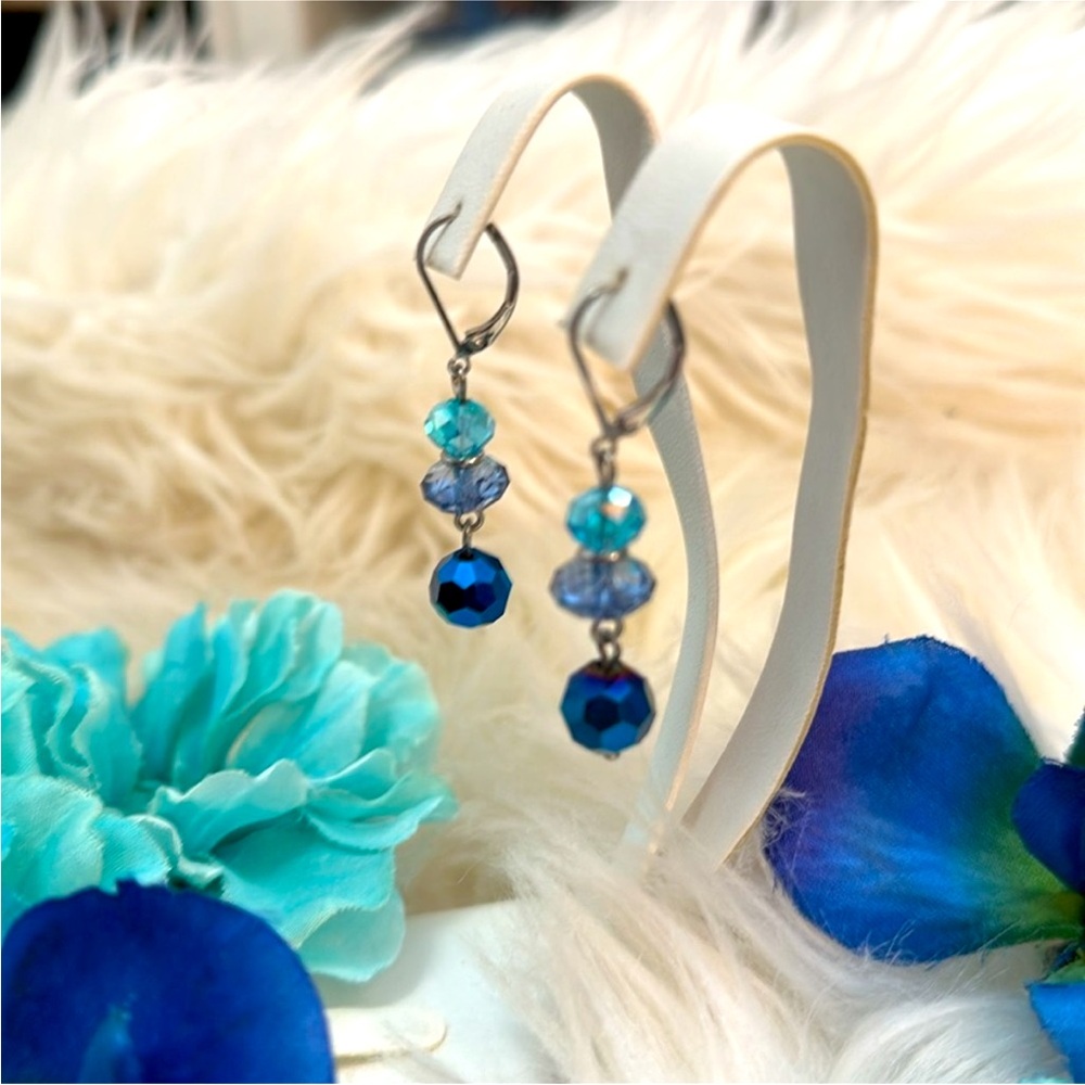 Blue Crystal Beaded Chandelier Dangle Earrings Sterling Silver NEW!